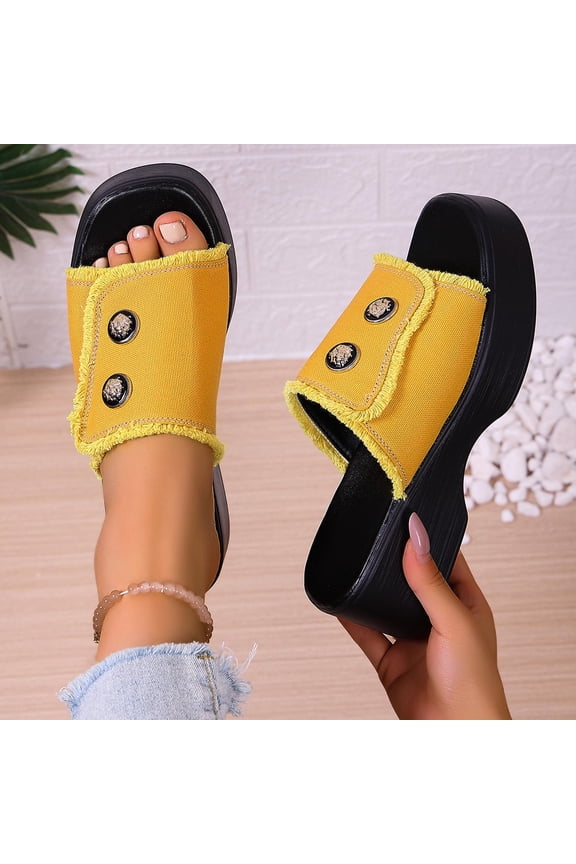 Women's Denim Button Strap Wedge Sandals Frayed Edge Casual Slippers for Weekend Street Style Yellow 8.5