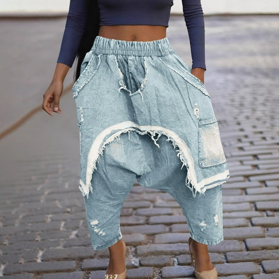 PiGOGI Women's Distressed Ripped Jeans Fashion Loose Fit Casual Pants with Elastic Waist for Daily Wear Light Blue M