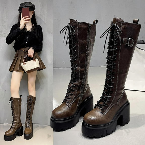 PiGOGI Women's Edgy Knee High Boots for Women Chunky Heel Lace Up Buckle Detail Faux Leather Punk Style Winter Boots Brown 40