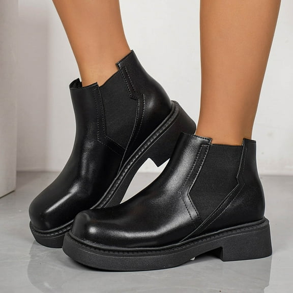 PiGOGI Women's Elastic Short Boots for Women Chunky Heel Round Toe Thick Sole Casual Winter Comfortable Slip On Ankle Boots Black 36