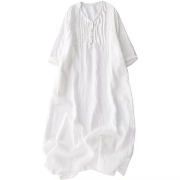 PiGOGI Women's Elastic Waist Loose Comfortable Solid Color Doll Shirt Linen Dress Casual Summer Spring Wear White XXL