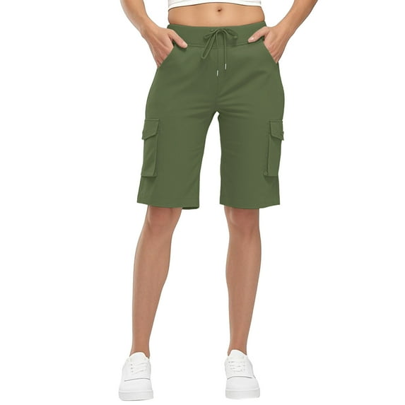 PiGOGI Women's Elastic Waist Work Pants - Casual Multi-Pocket Sporty Shorts for Lounge Outdoor Activities Army Green M