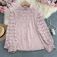 thumbnail image 1 of PiGOGI Women's Elegant Lace Shirts Solid Color Round Neck Blouse - Long Sleeve Button Down Tops Pink L, 1 of 6