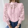 thumbnail image 1 of PiGOGI Women's Elegant Lace Shirts Solid Color Round Neck Blouse - Long Sleeve Button Down Tops Pink XXXL, 1 of 6