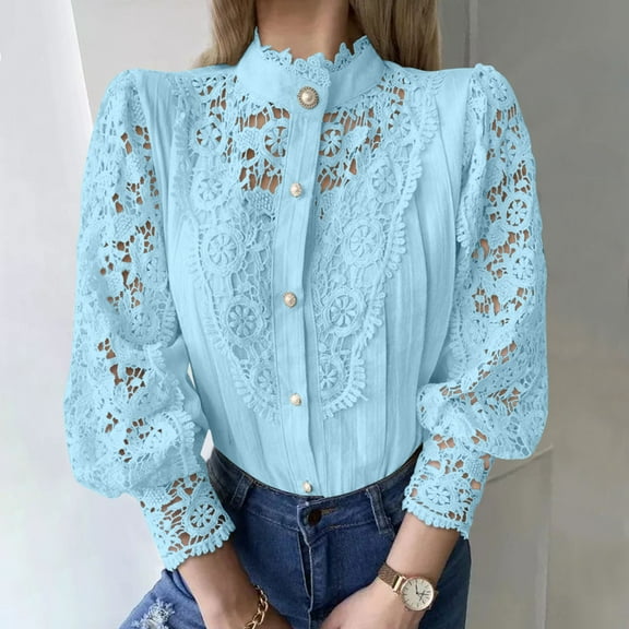 PiGOGI Women's Elegant Lace Shirts Solid Color Round Neck Blouse - Long Sleeve Button Down Tops Sky Blue XL