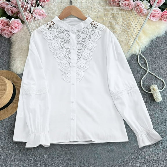 PiGOGI Women's Elegant Lace Shirts Solid Color Round Neck Blouse - Long Sleeve Button Down Tops White L