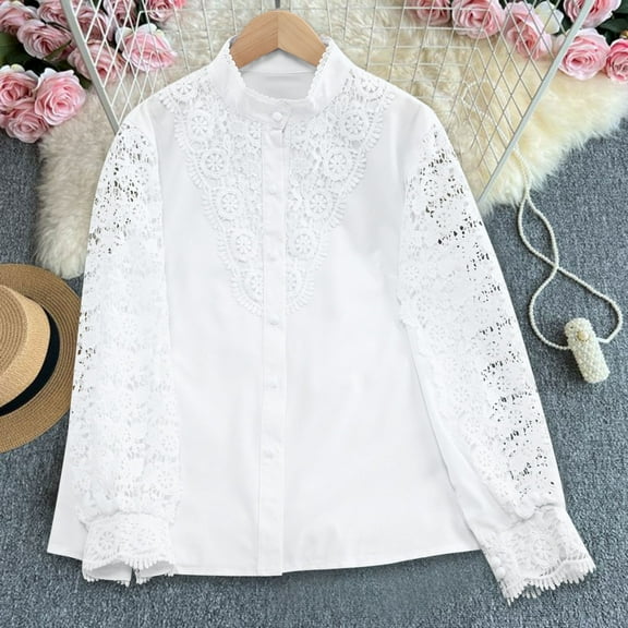 PiGOGI Women's Elegant Lace Shirts Solid Color Round Neck Blouse - Long Sleeve Button Down Tops White XL