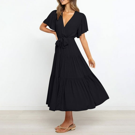 PiGOGI Women's Elegant Lace Up Dress V-Neck Short Sleeve Long Flowy Casual Summer Maxi Dress Black XXL