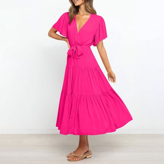 PiGOGI Women's Elegant Lace Up Dress V-Neck Short Sleeve Long Flowy Casual Summer Maxi Dress Hot Pink XXL