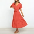 thumbnail image 1 of PiGOGI Women's Elegant Lace Up Dress V-Neck Short Sleeve Long Flowy Casual Summer Maxi Dress Watermelon Red XXL, 1 of 9