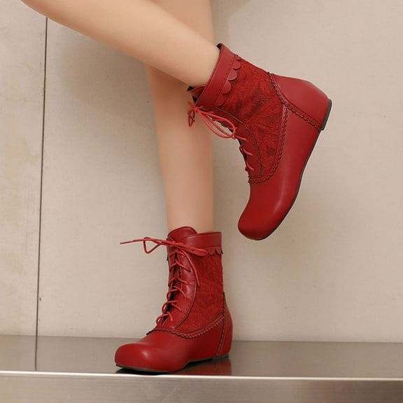 PiGOGI Women's Embroidered Ankle Boots, Lace Up Flat Boots for Women, Round Toe Winter Fashion Boots Red 40