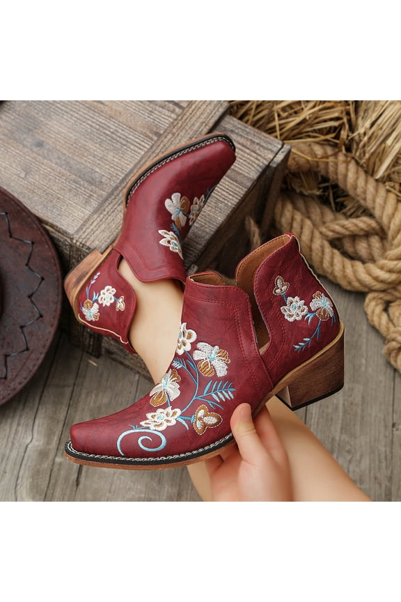 Women's Embroidered Ankle Boots Western Style Block Heel Mid Heel Casual for Boho Look Wine 9.5