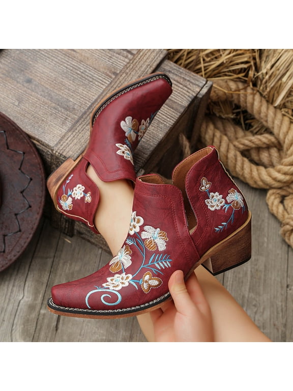 Women's Embroidered Ankle Boots Western Style Block Heel Mid Heel Casual for Boho Look Wine 9