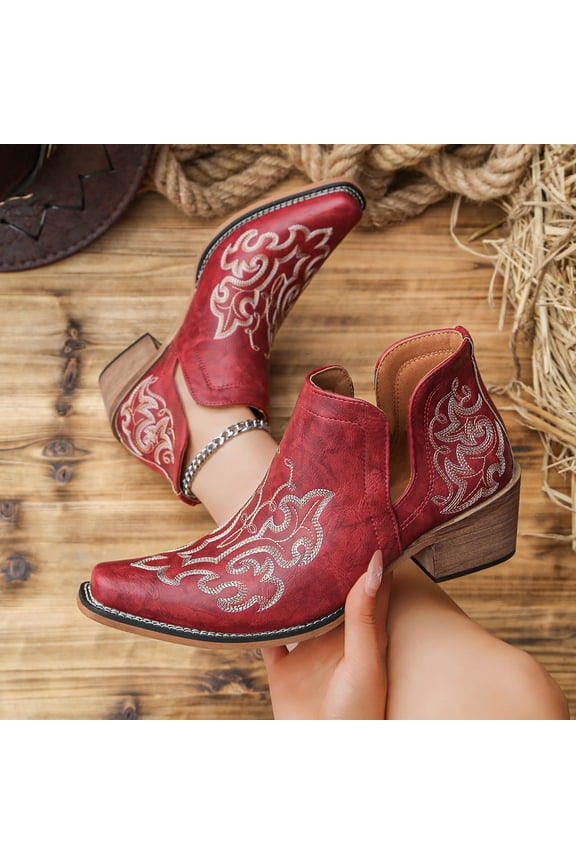Women's Embroidered V Cut Ankle Boots Block Heel Mid Heel Western Style for Trendy Red 9.5
