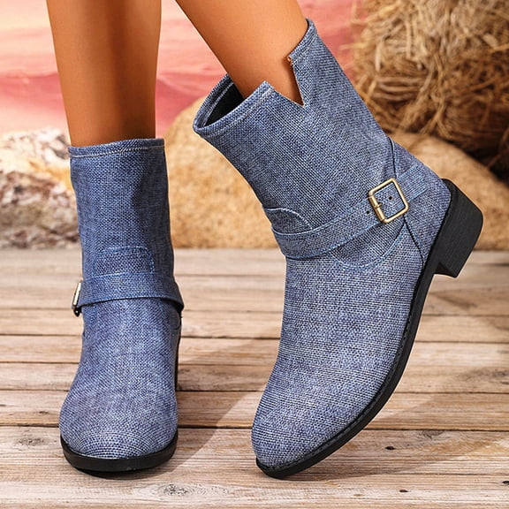 PiGOGI Women's Fabric Belt Buckle Thick Sole Short Boots for Fall Winter Comfortable Chunky Heel Booties Sky Blue 37