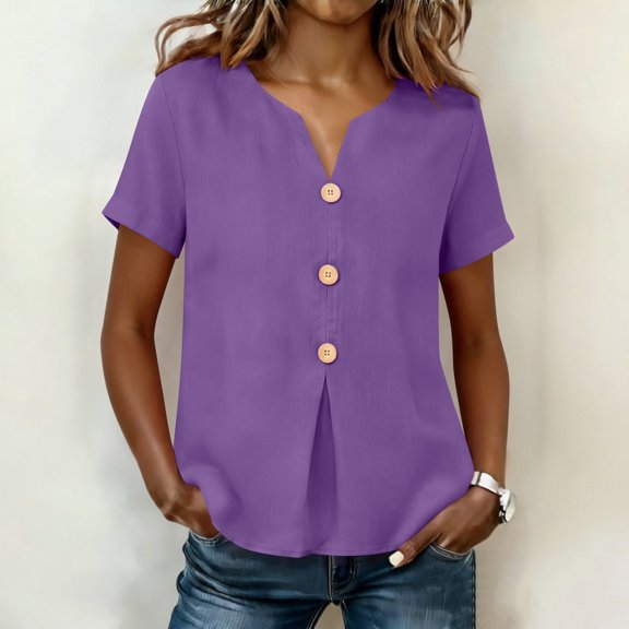 PiGOGI Women’s Fashion Button Solid Color V Neck Linen Top Short Sleeve Blouse Purple S