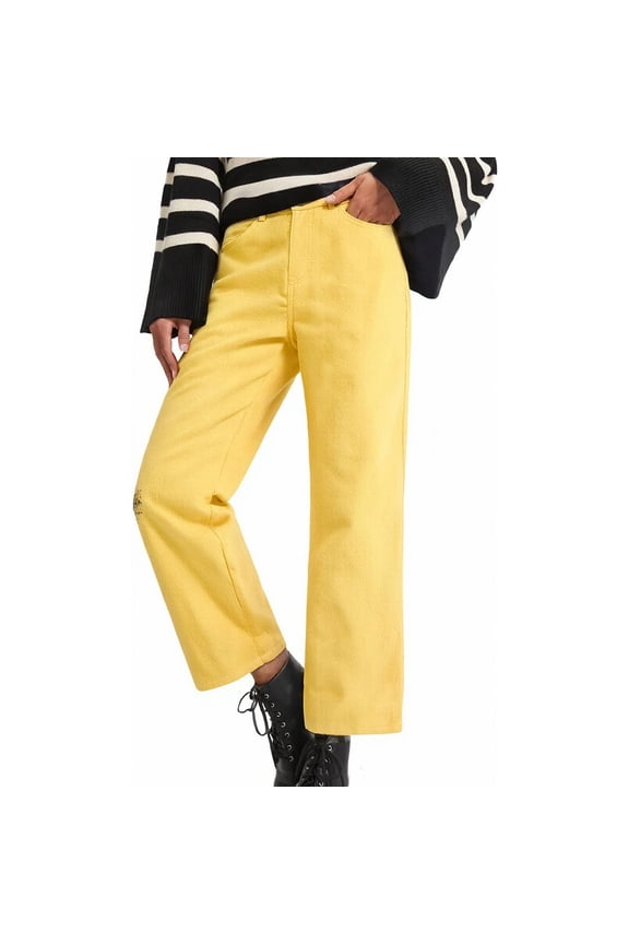 Women's Fashion Casual Denim Pants Solid Color with Pockets Work Wearable Waistband Long Trousers Jean Bottoms Daily Yellow M