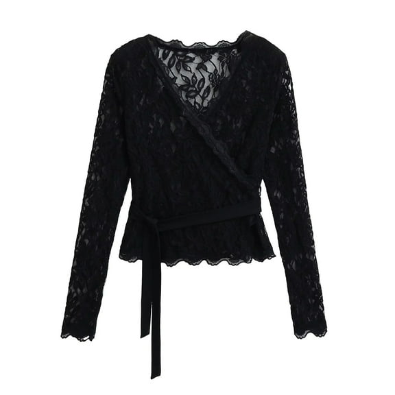 PiGOGI Women's Fashion Casual Solid Color Sexy Lace Long Sleeve Pullover Bandage Top Black S