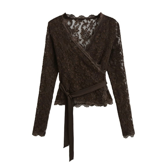 PiGOGI Women's Fashion Casual Solid Color Sexy Lace Long Sleeve Pullover Bandage Top Brown S