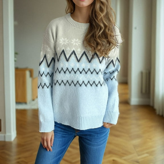 PiGOGI Women's Fashion Fall Winter Knit Loose Long Sleeve Round Neck Pullover Sweater Blue M