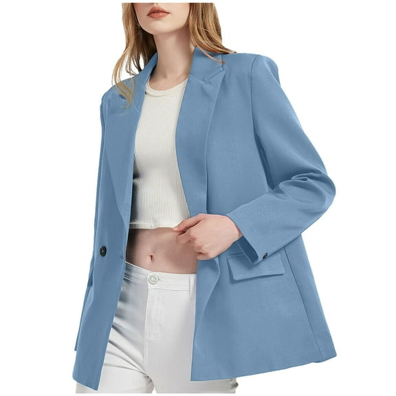 PiGOGI Women's Fashion Long Sleeve Button Suit Coat - Casual office Jacket Work Wear Blazer Overcoat Comfortable Outfit Blue L