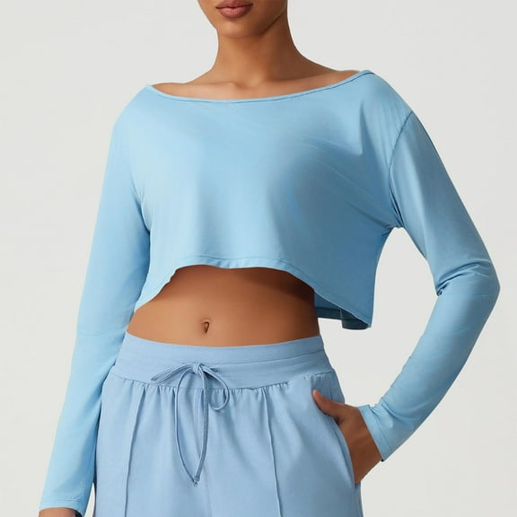 PiGOGI Women's Fashion Loose Long Sleeve Blouse Tops for Fall Winter Casual Comfortable Round Neck Shirt Blue S