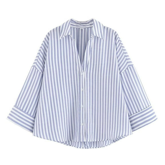 PiGOGI Women's Fashion Solid Casual Striped Wide Sleeves Long Sleeve Lapel Tops/Shirts Blue L