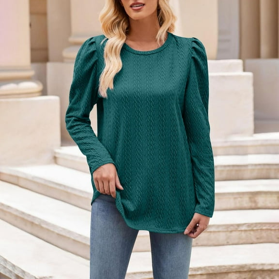 PiGOGI Women's Fashion Solid Color Leisure Long Sleeve Round-Neck Shirts - Casual Daily Top Army Green L