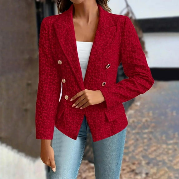 PiGOGI Women's Fashion Solid Color Long Sleeve Button Up Suit Jacket Casual office Blazer for Work Business Professional Red M