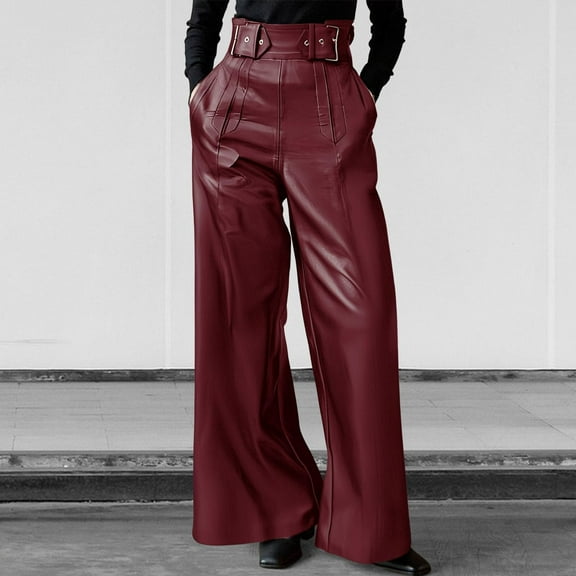 PiGOGI Women's Fashion Solid High Waist Pockets Pleated Flare Trousers Casual Going Out Long Pants Wine XL