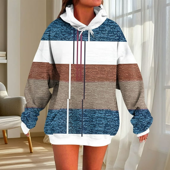PiGOGI Women's Striped Printed Hooded Sweatshirt Long Sleeve Casual Blouse Top for Daily Wear Coffee XL