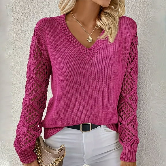 PiGOGI Women's Fashion Winter Hollow-Out Long Sleeve V-Neck Knit Sweater Casual Loose Top Hot Pink M