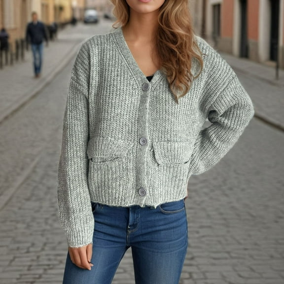 PiGOGI Women's Fashion Winter Loose Long Sleeve V-Neck Cardigan Sweater Casual Top Gray M