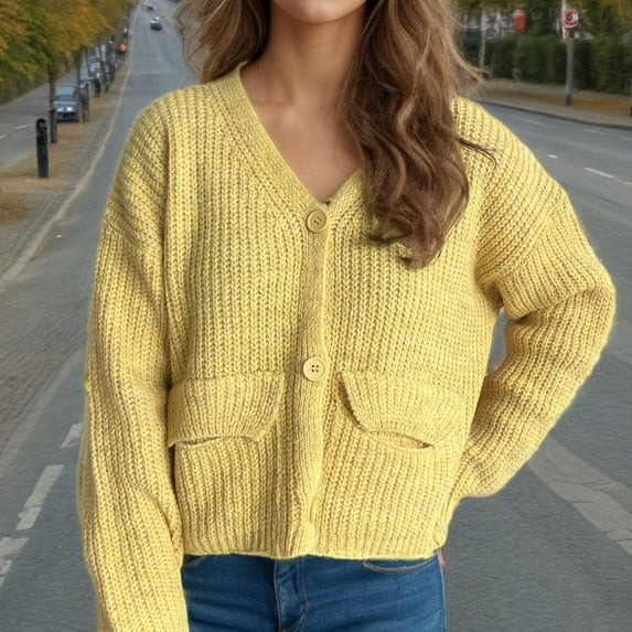 PiGOGI Women's Fashion Winter Loose Long Sleeve V-Neck Cardigan Sweater Casual Top Yellow L
