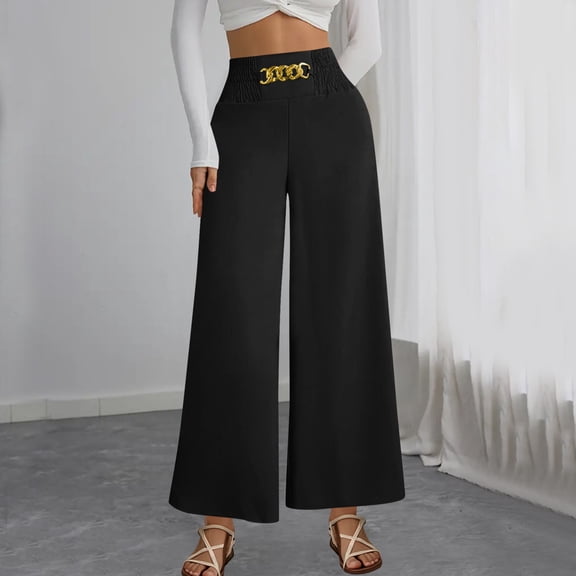 PiGOGI Women's Flowy Wide Leg Pants - High Waisted Dressy Trousers, Casual Loose Fit Long Bottoms for Work & Evening Black S