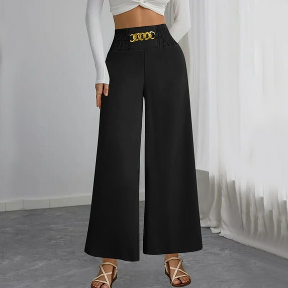 PiGOGI Women's Flowy Wide Leg Pants - High Waisted Dressy Trousers, Casual Loose Fit Long Bottoms for Work & Evening Black XXL