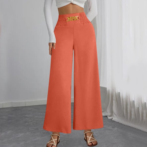 PiGOGI Women's Flowy Wide Leg Pants - High Waisted Dressy Trousers, Casual Loose Fit Long Bottoms for Work & Evening Red S