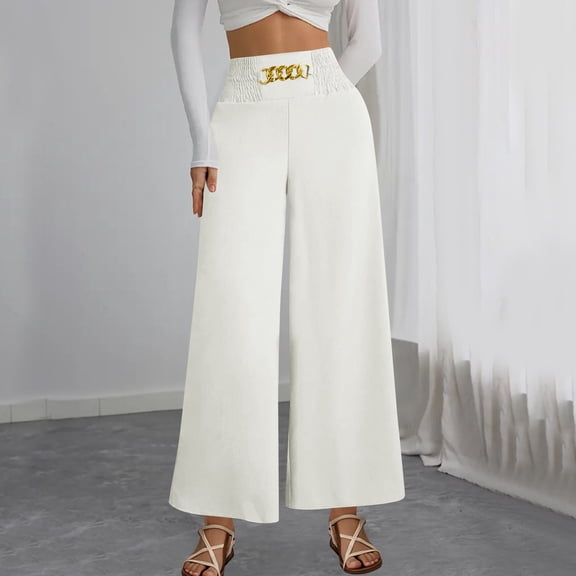 PiGOGI Women's Flowy Wide Leg Pants - High Waisted Dressy Trousers, Casual Loose Fit Long Bottoms for Work & Evening White XXL