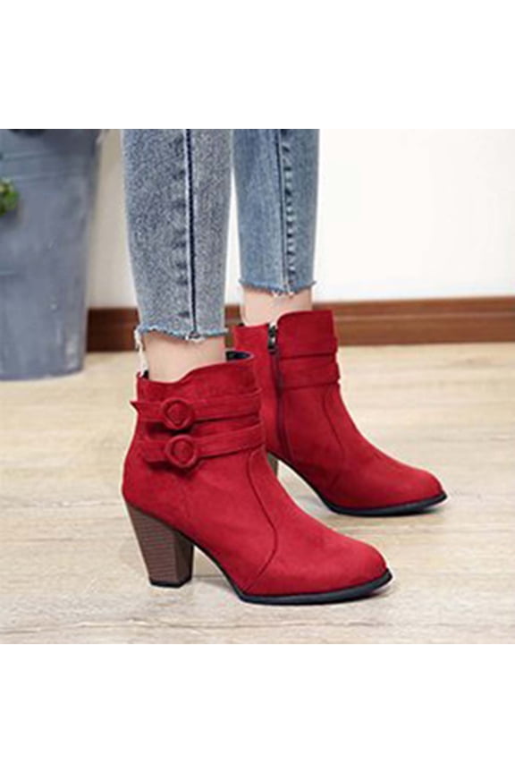 Women's Frosted Middle Heel Belt Buckle Short Boots Fashionable Casual Thick Heel Booties Red 40