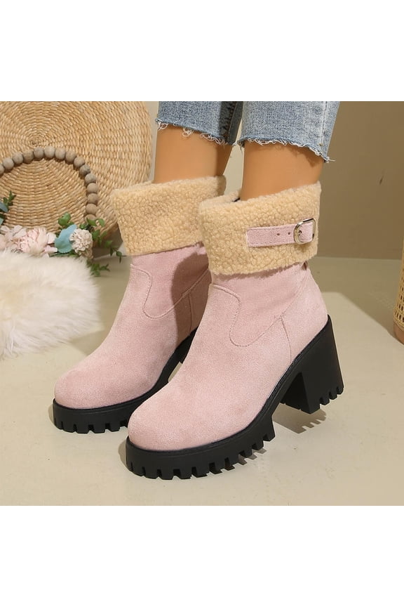 Women's Furry Ankle Boots for Women Chunky Heel Buckle Detail Faux Shearling Lined Winter Warm Fashion Boots Pink 42