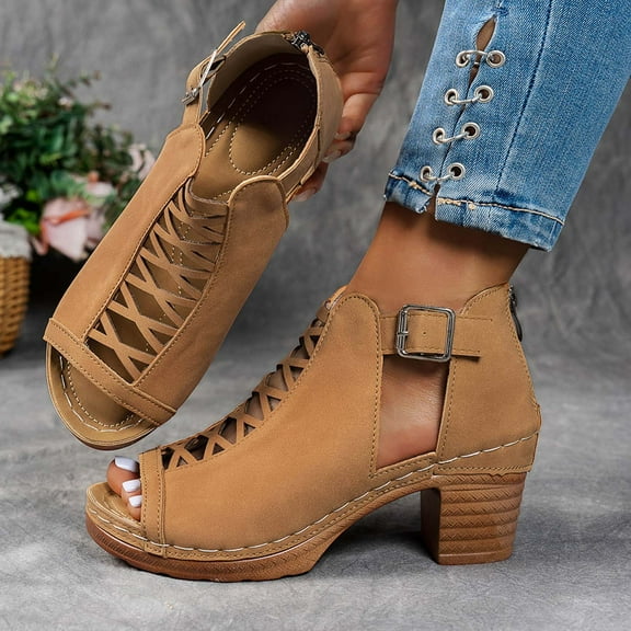 PiGOGI Women's High Heel Sandals - Open Toe Fish Mouth Design with Wrap-Around Straps Thick Heel Comfortable Dressy Summer Casual Shoes Brown