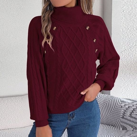 PiGOGI Women's High Neck Lantern Sleeve Pullover Sweater Button Detail Dough Twist Knit Top Wine S