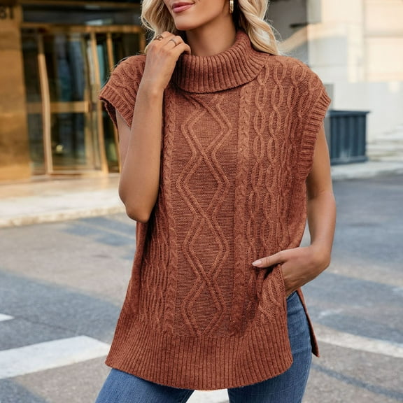 PiGOGI Women's High Neck Sleeveless Waistcoat - Casual Knit Sweater Top Fashion Pullover Layering Piece Coffee L