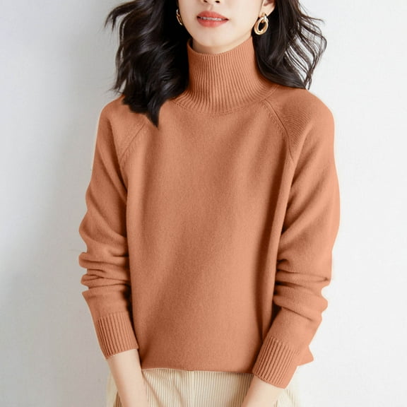 PiGOGI Women's High Neck Thick Sweater Solid Color Loose Pullover Top Long Sleeve Warm Knit Blouse Casual Comfortable Winter Fall Fashion Gold S