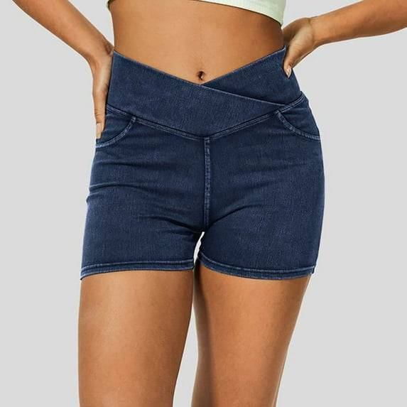 PiGOGI Women's High Waist Jeans - Stretchy Skinny Denim Shorts with Pockets - Hip Lifting Casual Summer Jean Shorts Dark Blue S