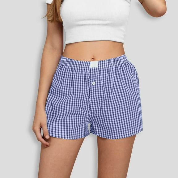 PiGOGI Women's High Waist Loose Wide Leg Checkered Shorts Summer Casual Comfortable Shorts Sky Blue XL