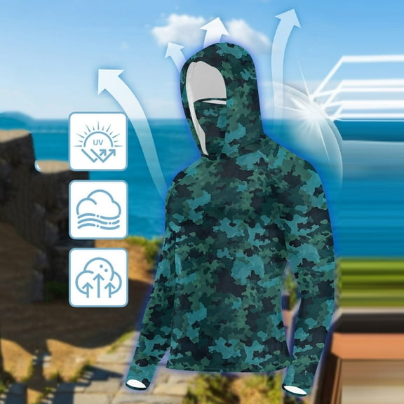 PiGOGI Women's Hooded Camouflage Sun Protection Long Sleeve Top UPF Ice Silk Outdoor Casual Shirt Multicolor S