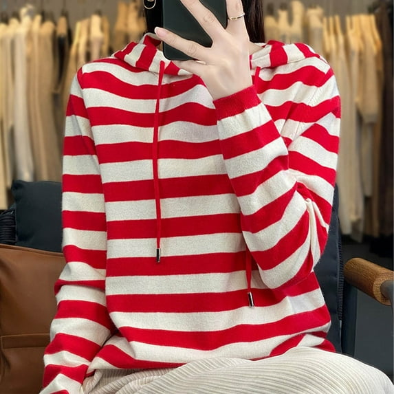PiGOGI Women's Hooded Striped Sweater Loose Casual Long Sleeve Pullover Top for Fall Winter Red M