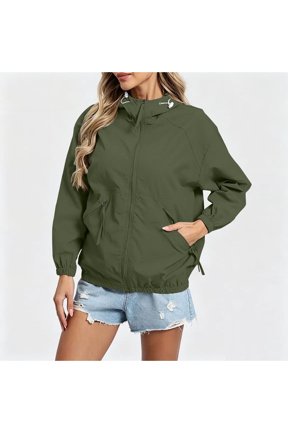 Women's Hooded Windproof Mountaineering Jacket with Pockets for Sports Fitness Yoga Shower Proof Army Green L