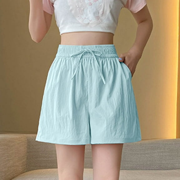 PiGOGI Women's Ice Silk Wide Leg Shorts High Waist Elastic Drawstring Summer Casual Shorts Light Blue XXL